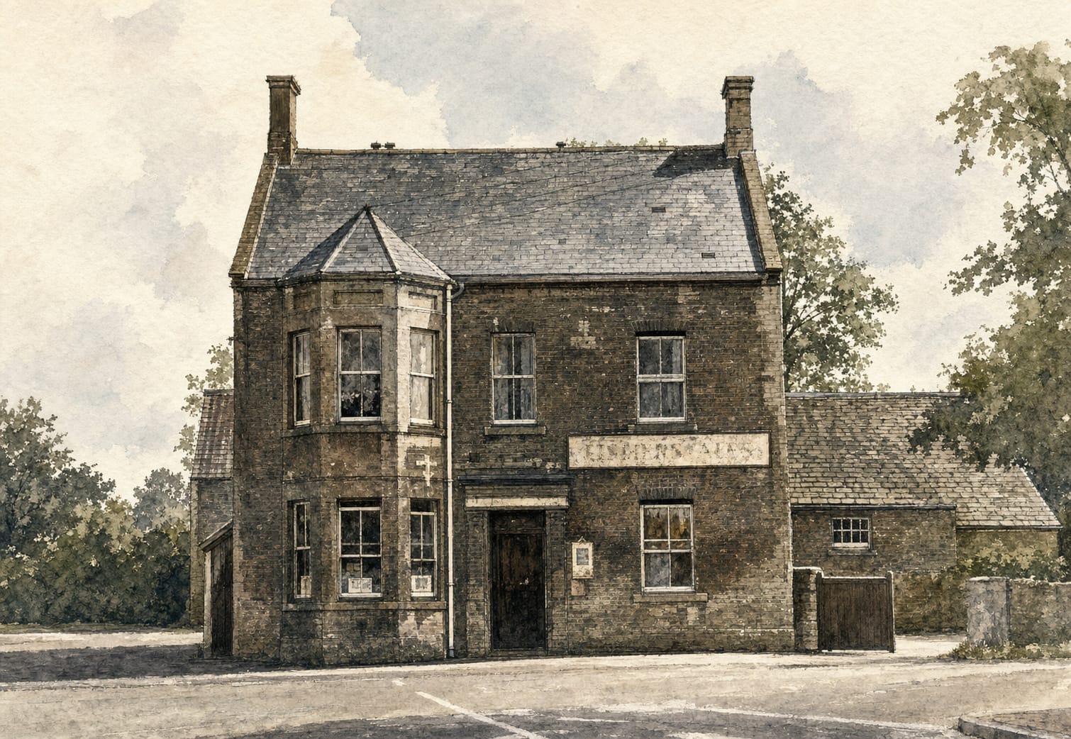 A painterly reconstruction of the Lion and Fiddle, working from a single mid-century photograph.