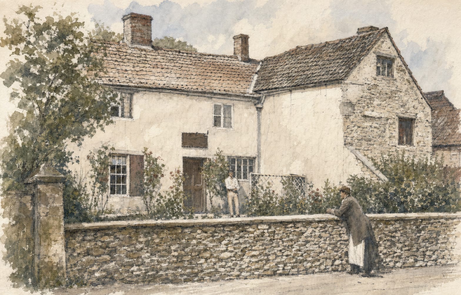 A painterly reconstruction of the older building that stood on the site of the present 109 Church Street, worked up from a single surviving photograph.
